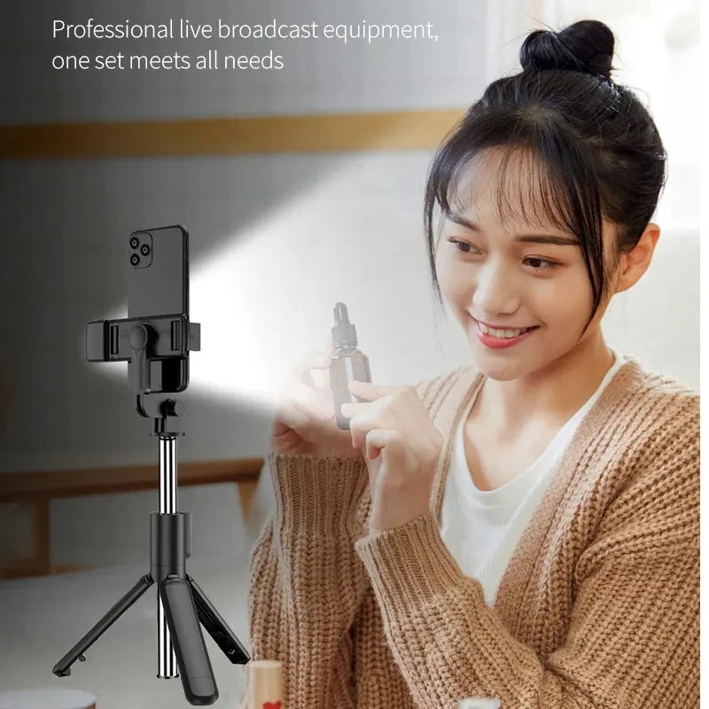 Wireless Bluetooth Selfie Stick Tripod β Phone Holder with Fill Light & Remote Shutter for iPhone, Samsung, Xiaomi