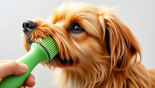 Small dog enjoying grooming with a green brush highlighting the best seasonal buys on TrevioMart