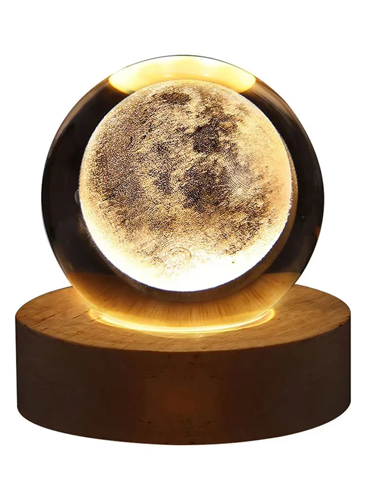 TrevioMart 3D crystal ball night light with moon design on wooden base emitting warm glow