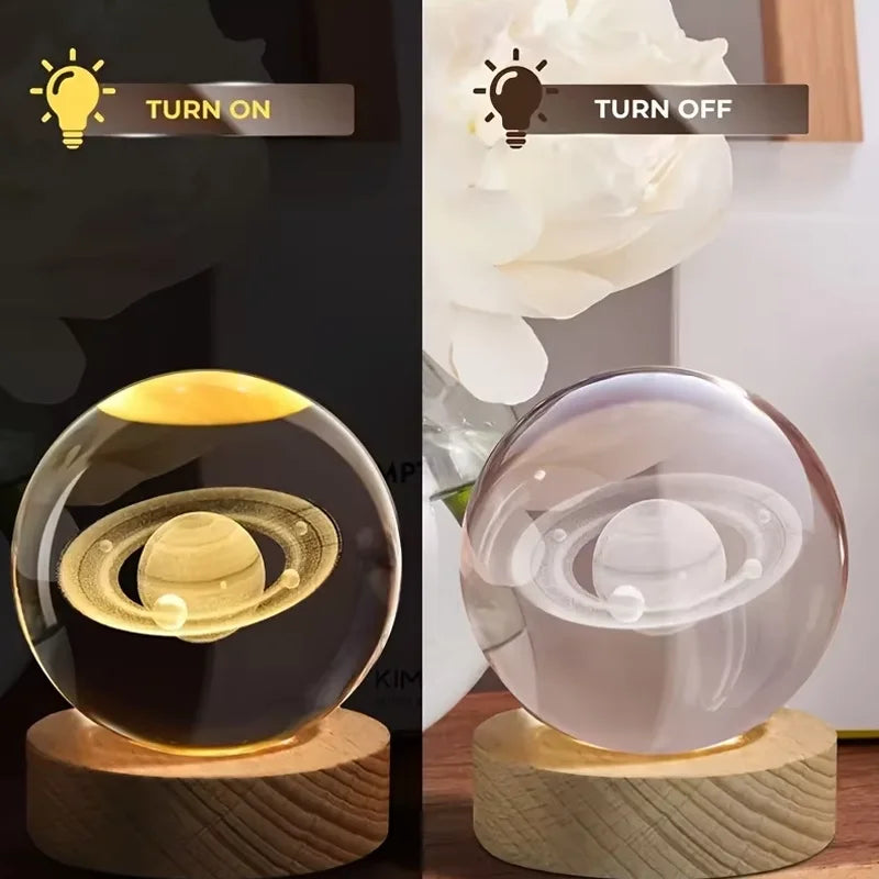 3D crystal ball night light displaying glowing Saturn planet with rings on wooden base, shown on and off