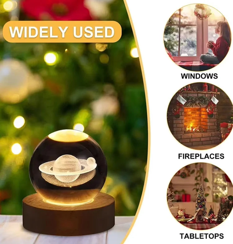 3D crystal ball night light with glowing planet design on wooden base perfect for windows fireplaces and tabletops