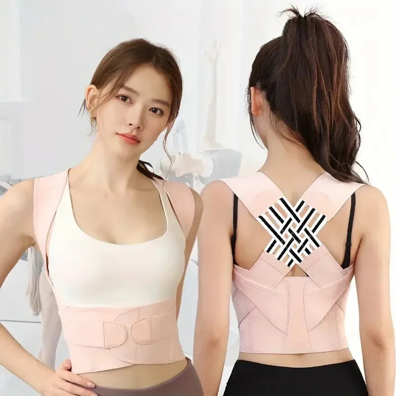 TrevioMart women's back posture brace in light pink shown front and back on models for support and alignment