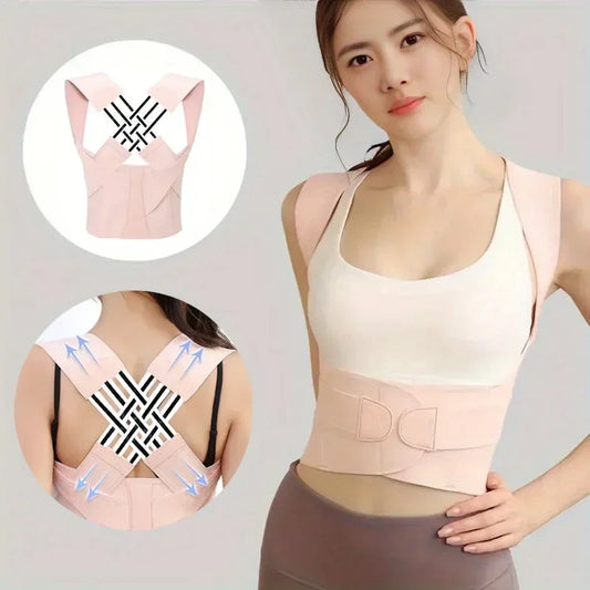 TrevioMart women's back posture brace in light pink worn by woman with adjustable straps for support