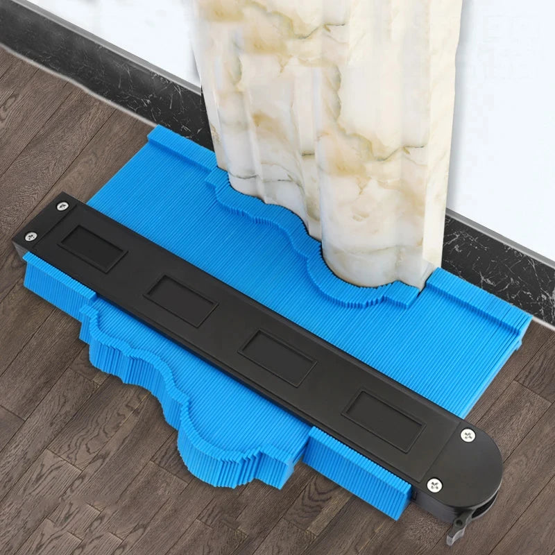 Blue adjustable contour gauge for home improvement measuring irregular shapes on wood floor
