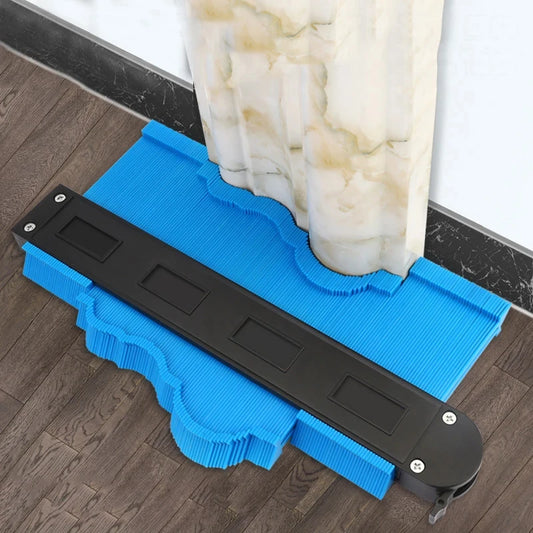 Blue adjustable contour gauge for home improvement measuring irregular shapes on wood floor