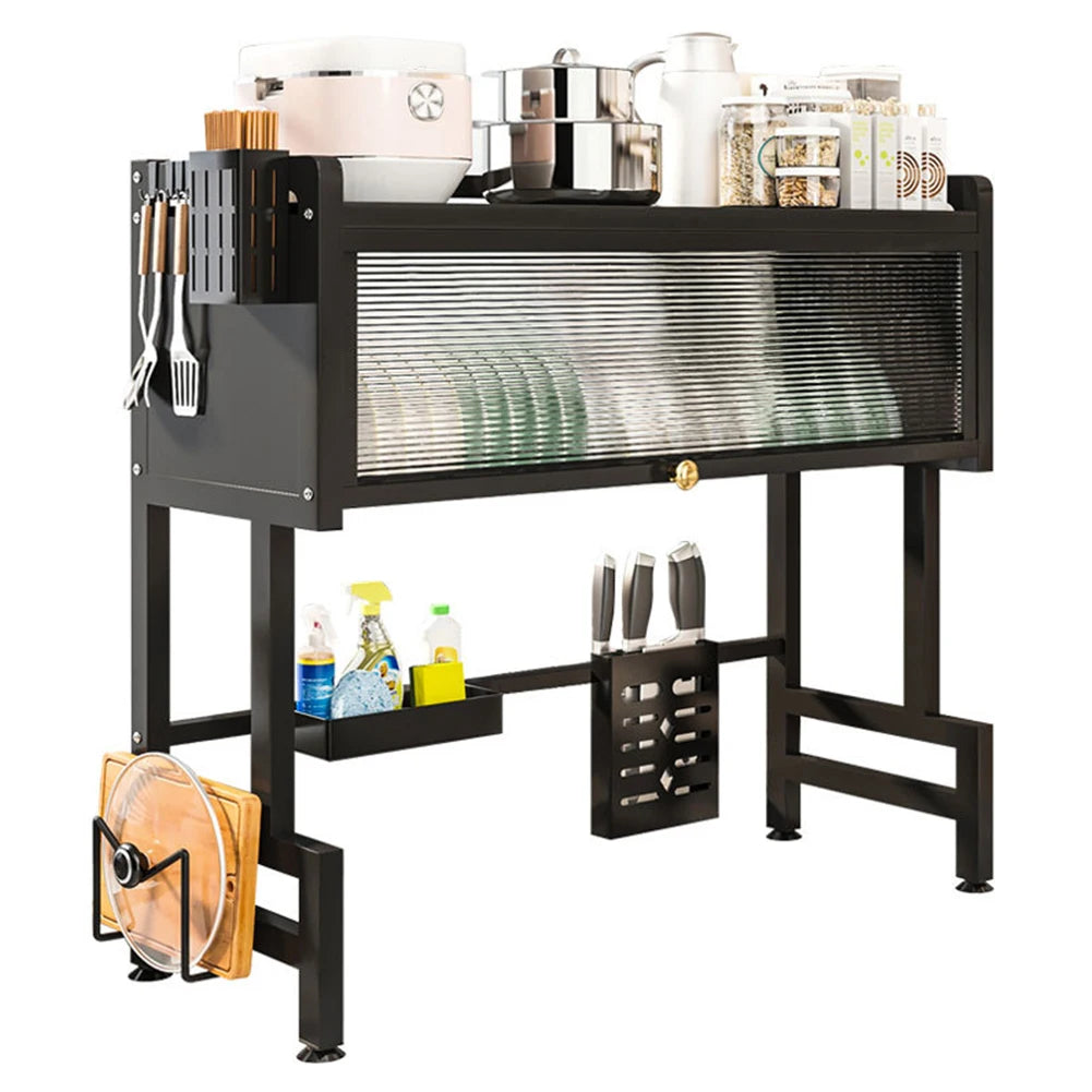 Black over the sink dish rack with storage holding dishes, utensils, knives, and kitchen items