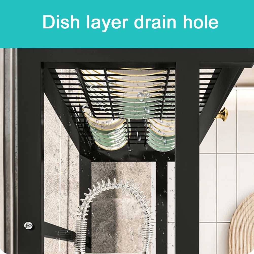 Over the sink dish rack with storage view from underneath showing dish layer drain hole and black metal frame