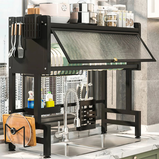 Black TrevioMart over the sink dish rack with storage and utensil holders above a kitchen sink