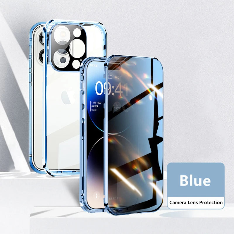 Blue iPhone privacy glass case with clear back and camera lens protection by TrevioMart
