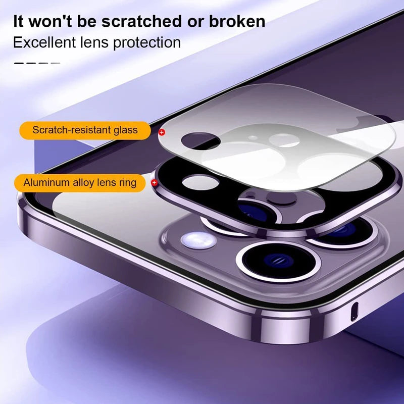 iPhone privacy glass case with scratch-resistant glass and aluminum alloy lens ring for camera protection