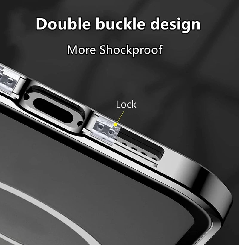 Close-up of iPhone privacy glass case double buckle design for more shockproof protection