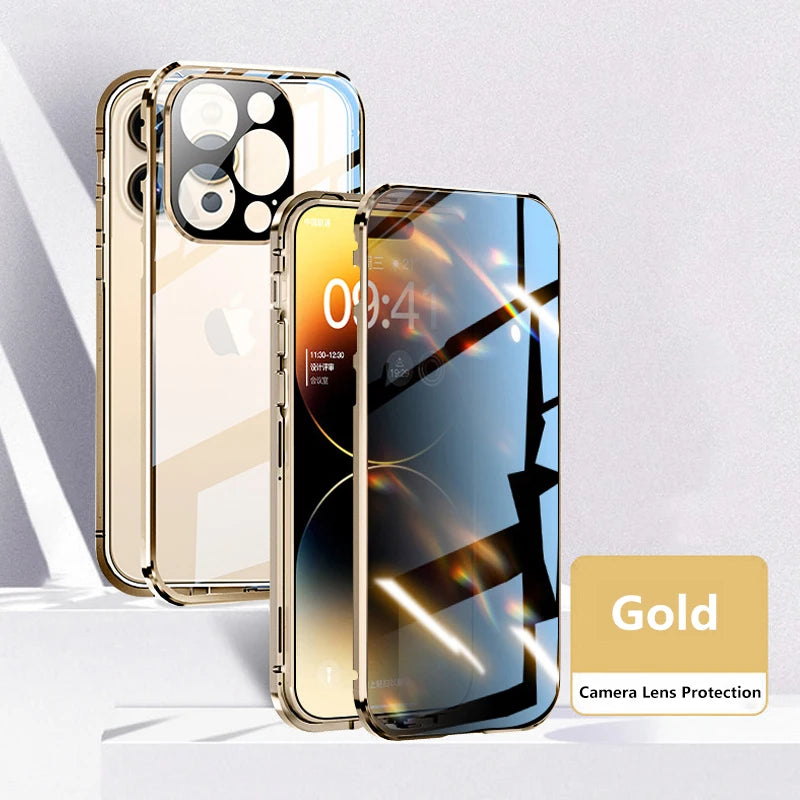 Gold iPhone privacy glass case with camera lens protection and clear back design by TrevioMart