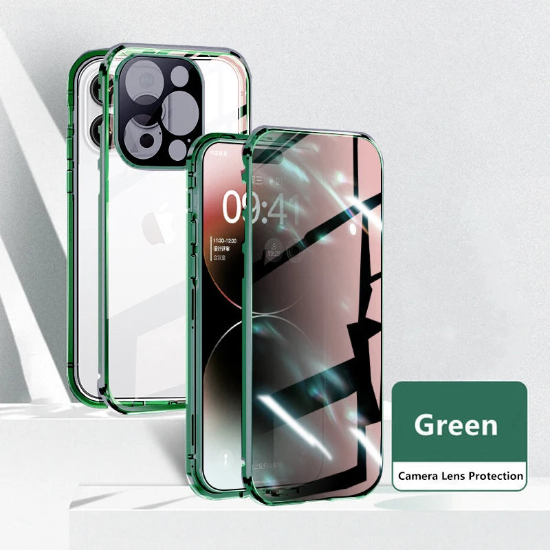 Green iPhone privacy glass case with clear back and camera lens protection for security