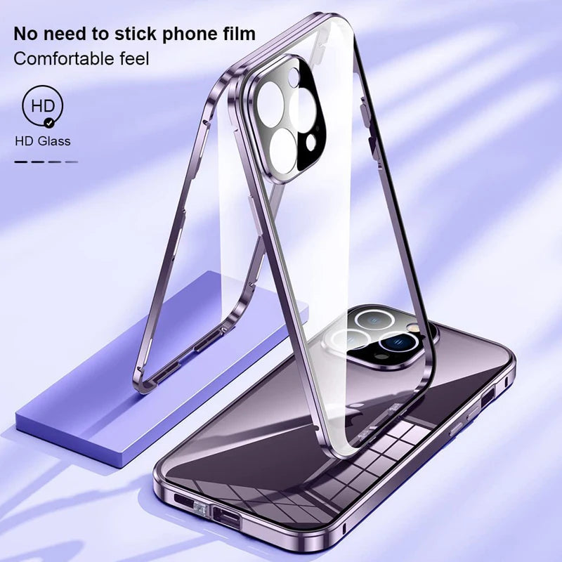Clear iPhone privacy glass case by TrevioMart showing HD glass and comfortable feel with no phone film needed