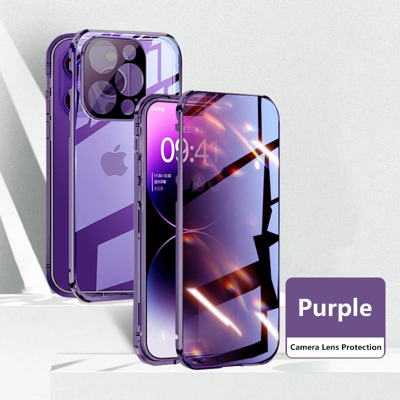 Purple iPhone privacy glass case with camera lens protection by TrevioMart showcasing front and back views