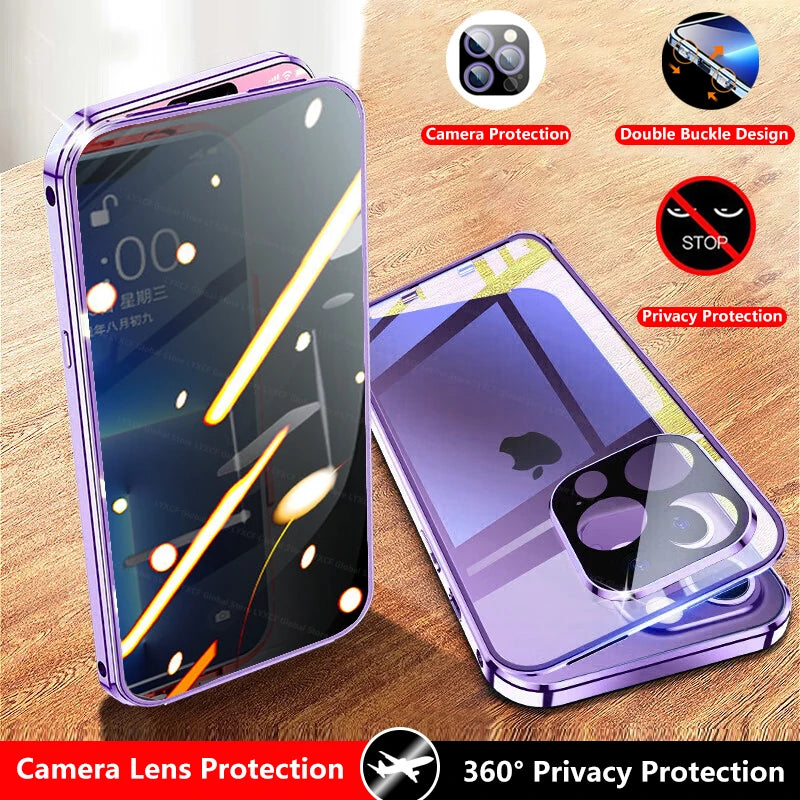 TrevioMart iPhone privacy glass case with camera lens protection and double buckle design