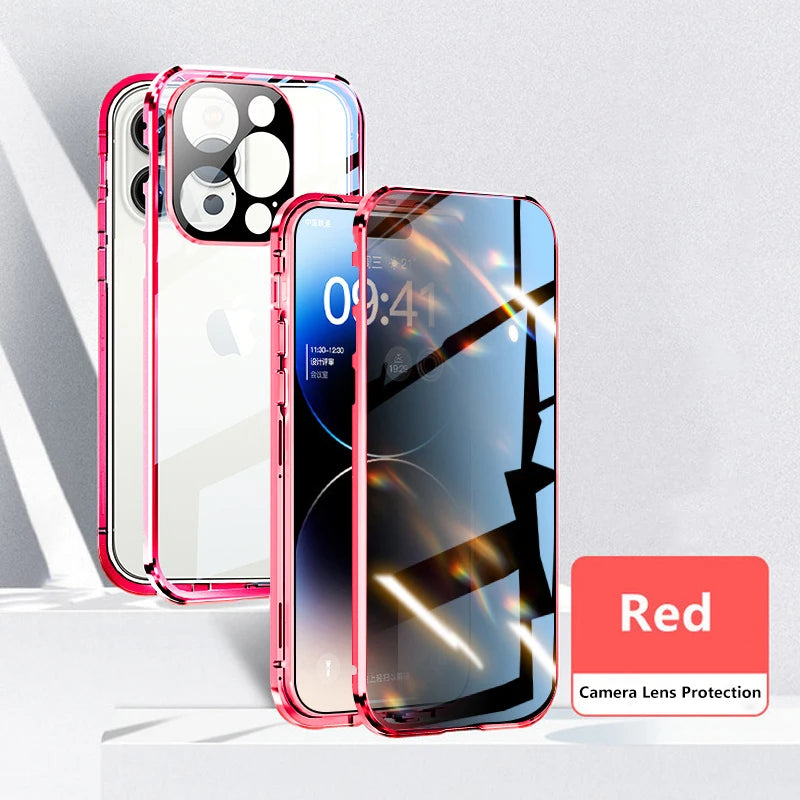 Red iPhone privacy glass case with camera lens protection for secure and stylish phone coverage