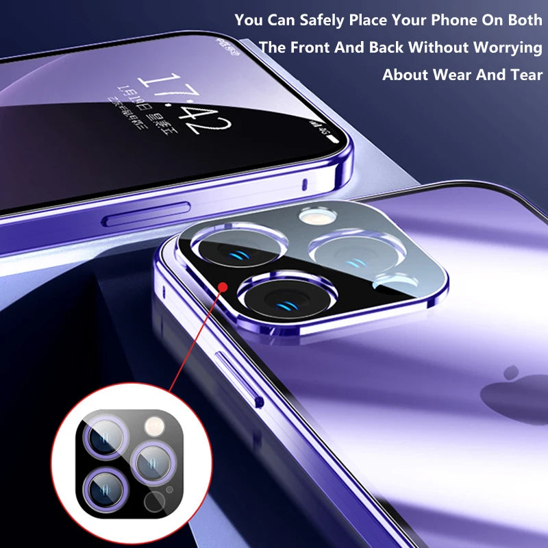 TrevioMart iPhone privacy glass case protecting front and back of purple iPhone with camera lens cover