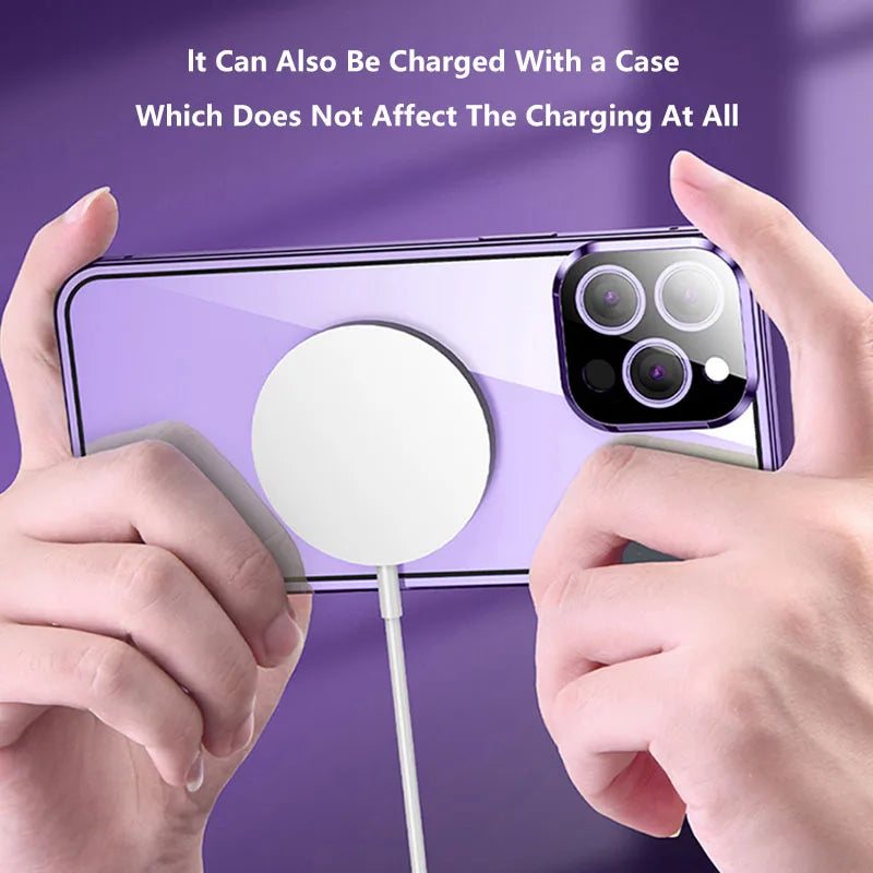 TrevioMart iPhone privacy glass case showing wireless charging compatibility on a purple phone