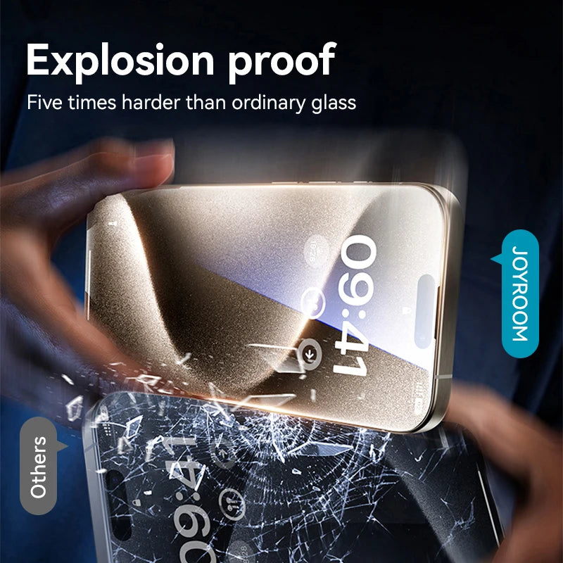 TrevioMart privacy screen protector for iPhone 14 Pro Max showing explosion proof strength with shattered phone screen below