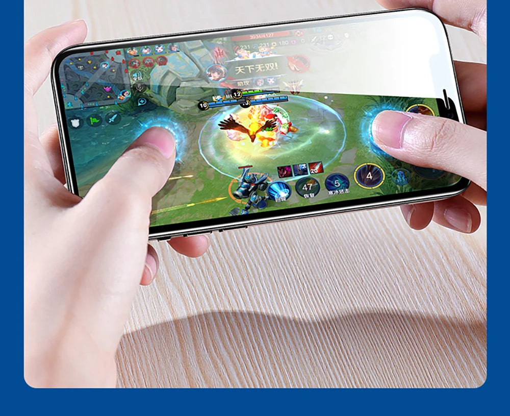 Privacy screen protector for iPhone 14 Pro Max showing clear gaming display with two hands holding the phone
