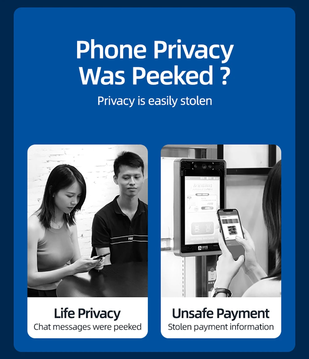 Privacy risks shown with people’s phones being peeked and stolen payment info highlighting need for privacy screen protector for iPhone 14 Pro Max