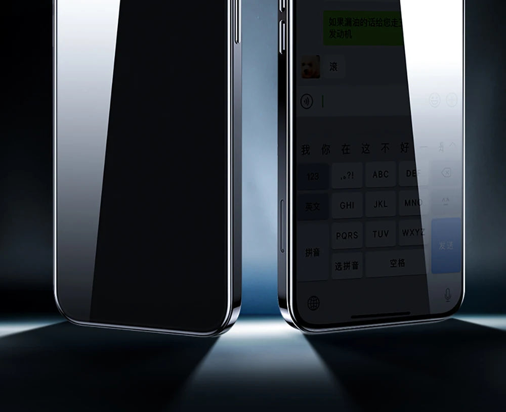 Privacy screen protector for iPhone 14 Pro Max showing darkened screen for enhanced privacy
