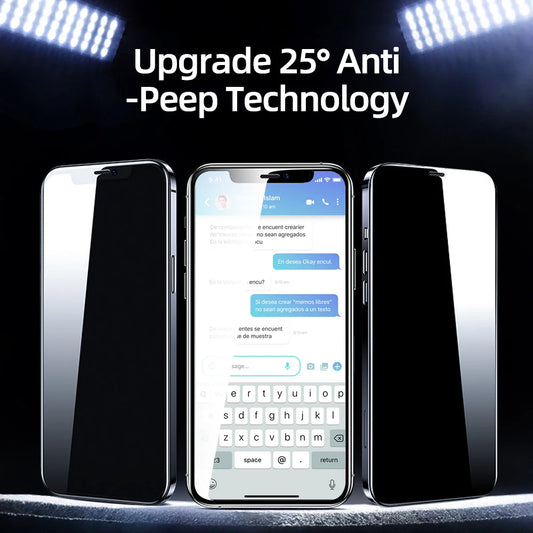 Privacy screen protector for iPhone 14 Pro Max showcasing upgrade 25 degree anti-peep technology