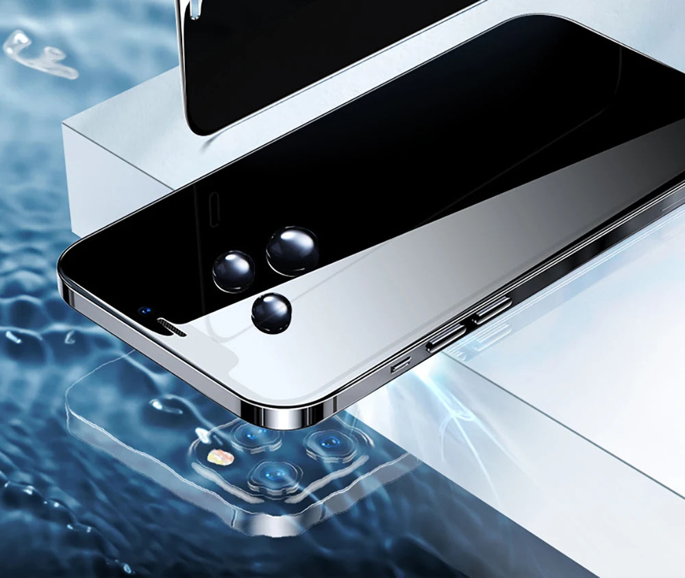 TrevioMart privacy screen protector for iPhone 14 Pro Max showing smooth glass surface with water droplets