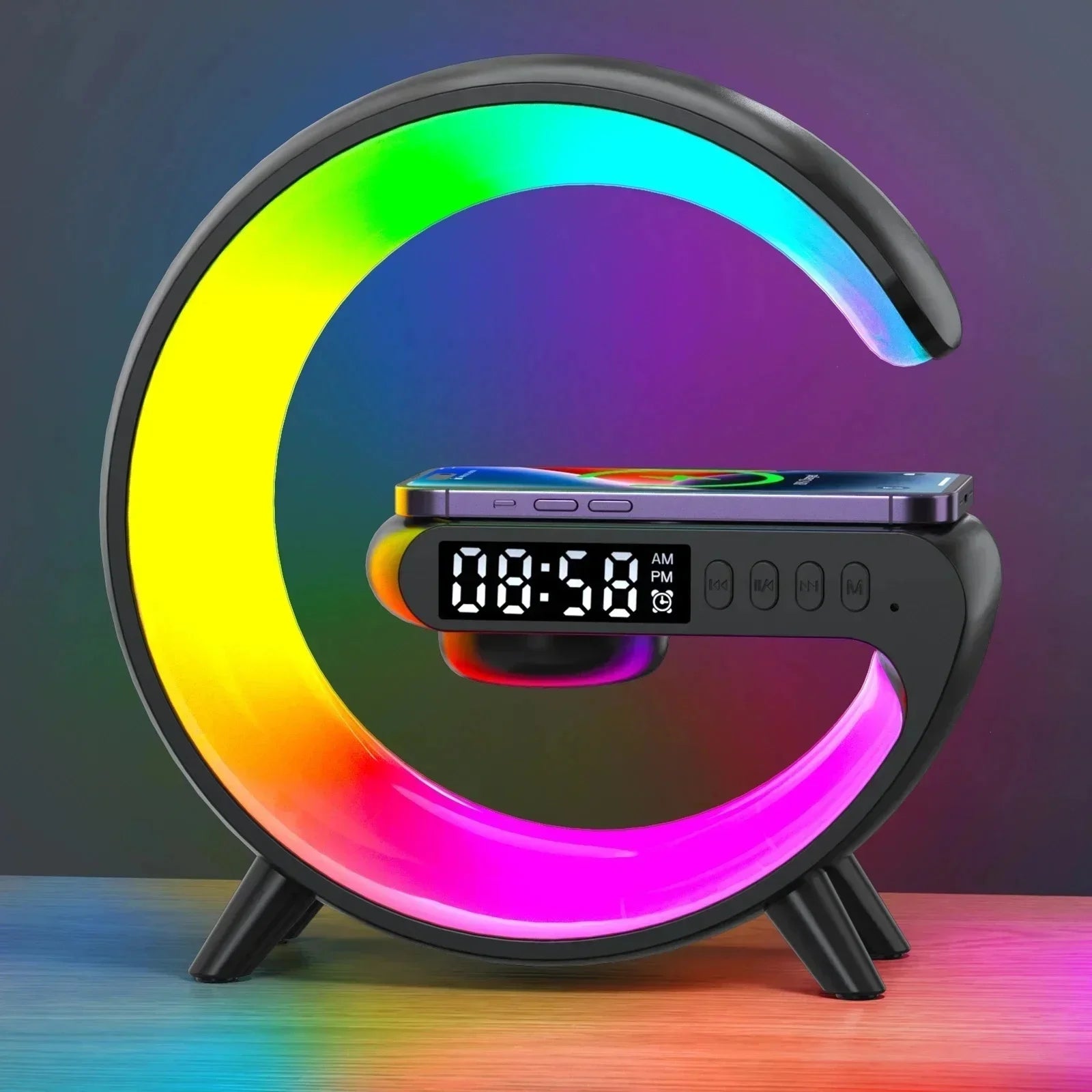 RGB wireless charging station with speaker featuring digital clock and colorful LED light ring