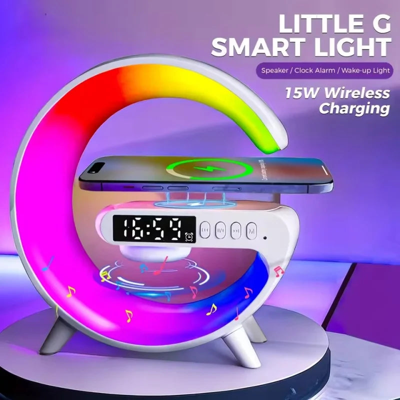 RGB wireless charging station with speaker shaped like a glowing letter G with clock and alarm features