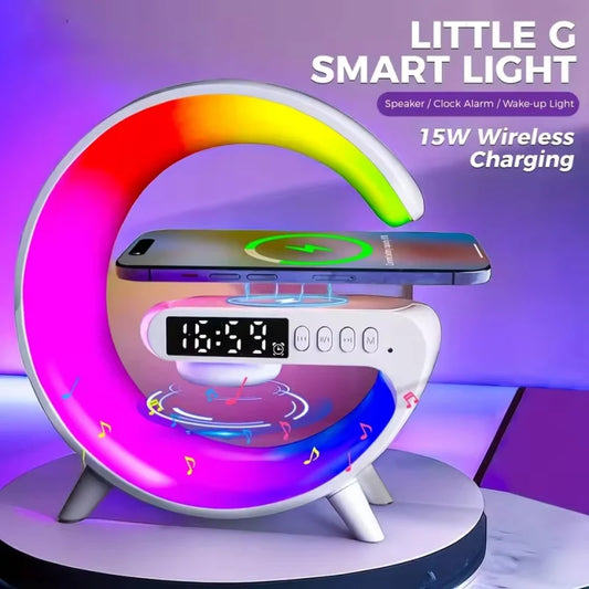 RGB wireless charging station with speaker shaped like a glowing letter G with clock and alarm features