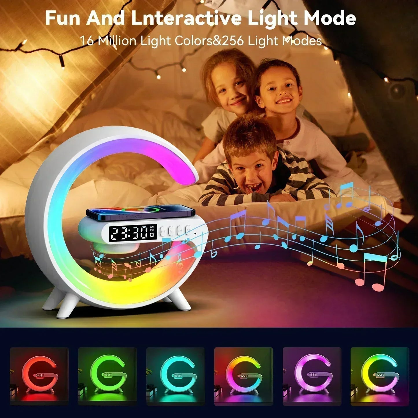 RGB wireless charging station with speaker glowing in colorful light modes beside happy kids in a cozy tent