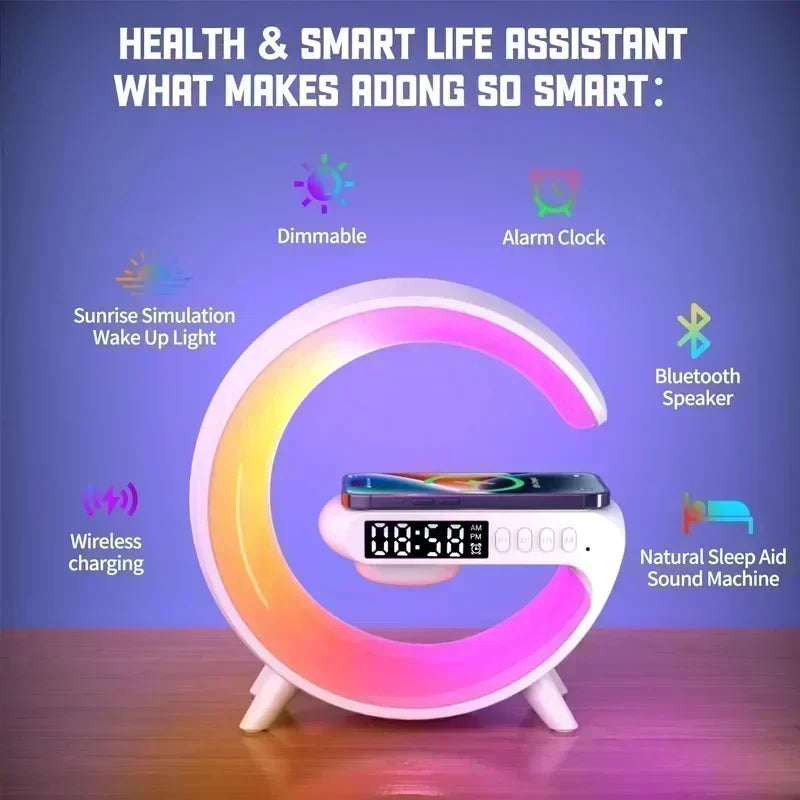 TrevioMart RGB wireless charging station with speaker featuring dimmable light alarm clock and Bluetooth speaker