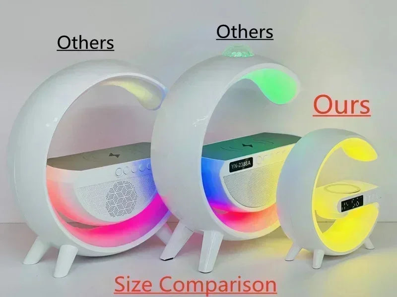 TrevioMart RGB wireless charging station with speaker showing size comparison with two larger white models