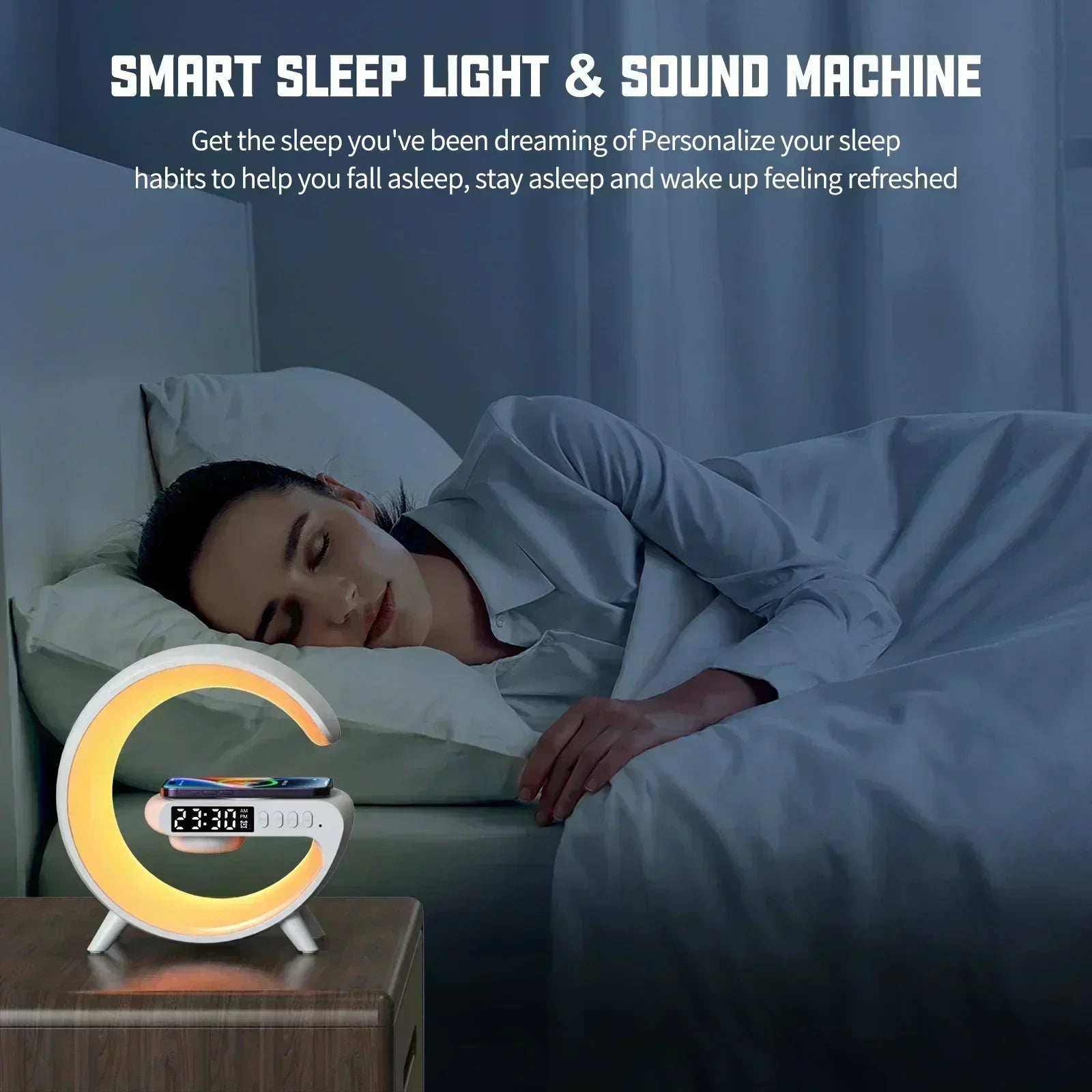 RGB wireless charging station with speaker on bedside table next to sleeping woman in dark room
