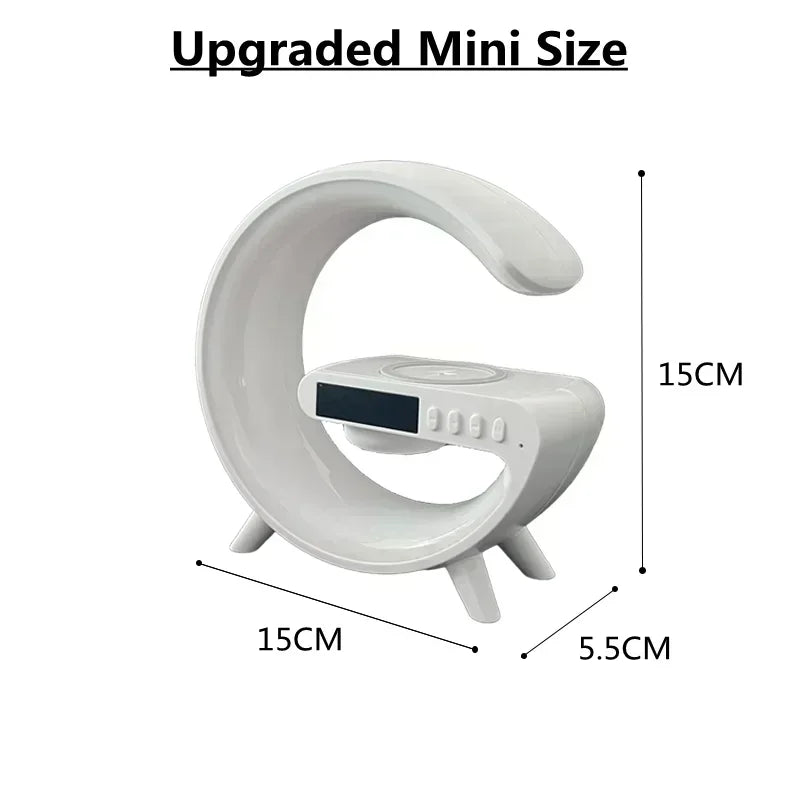 Compact white RGB wireless charging station with speaker featuring a modern circular design and control buttons