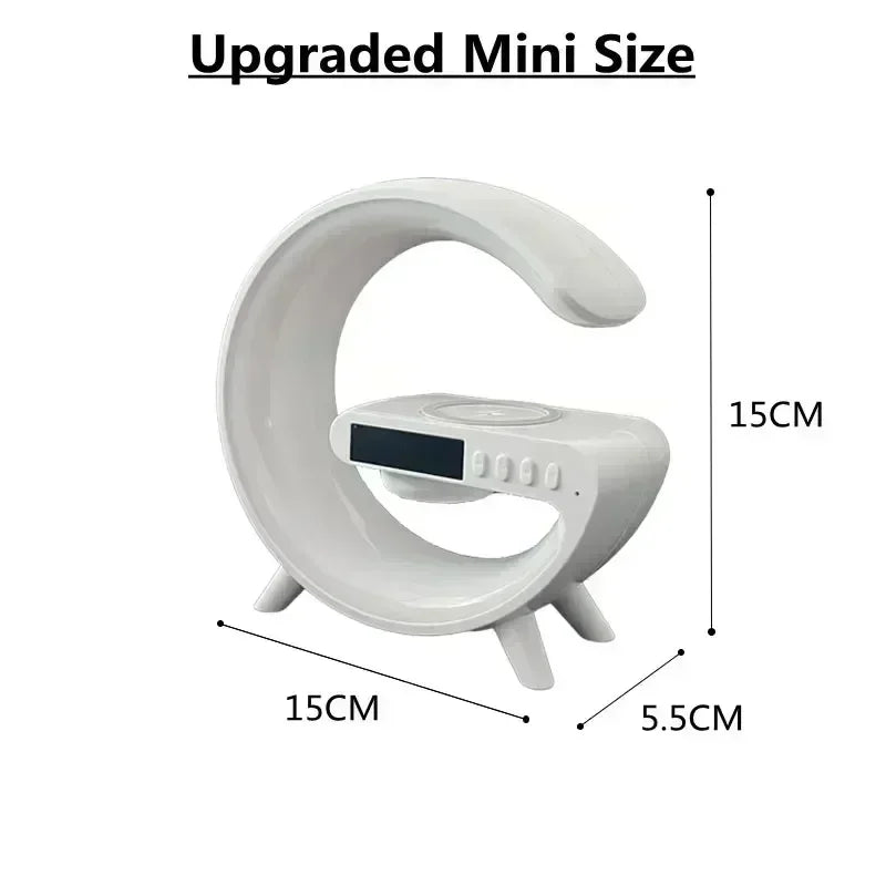 Upgraded mini size RGB wireless charging station with speaker in white with compact curved design