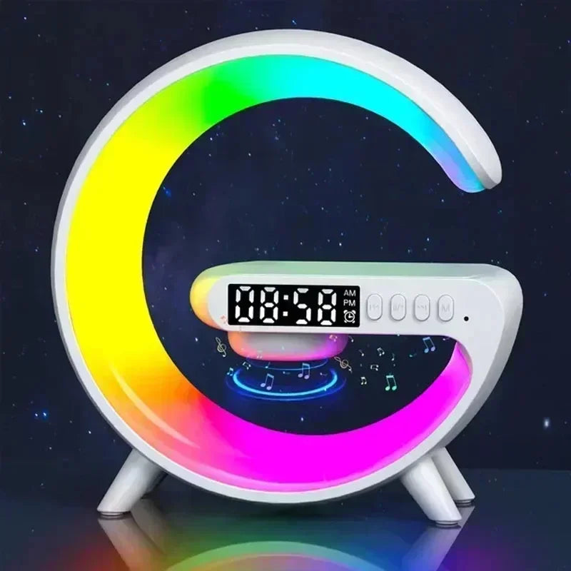 TrevioMart RGB wireless charging station with speaker displaying digital clock and color-changing LED light