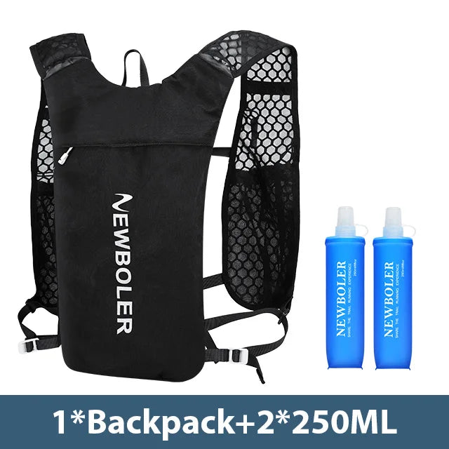 TrevioMart lightweight hydration vest for running with black breathable mesh and two 250ml blue water bottles