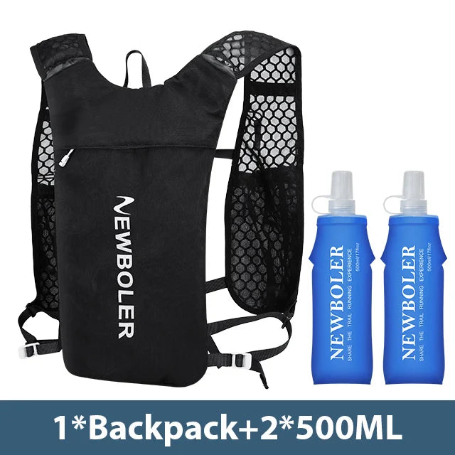 Lightweight hydration vest for running with black breathable mesh and two blue 500ml water bottles