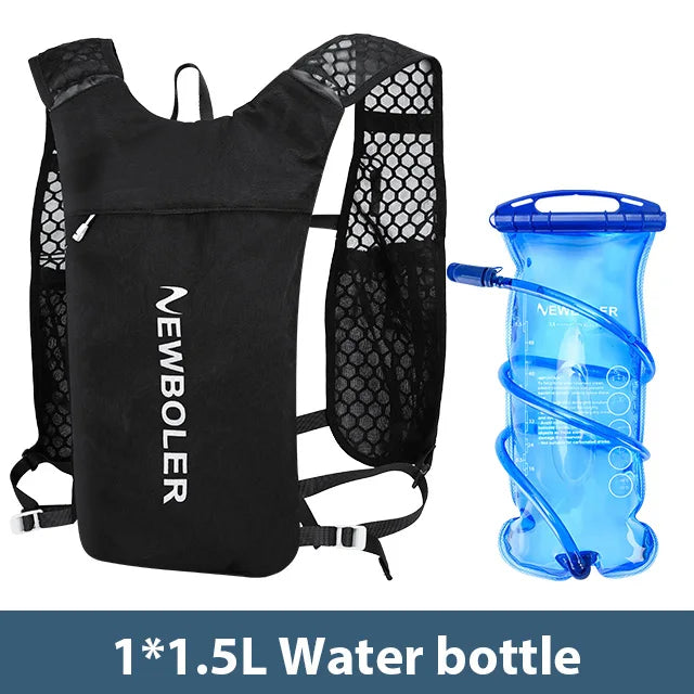 Lightweight hydration vest for running in black with 1.5 liter blue water bladder and adjustable straps