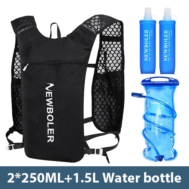 Lightweight hydration vest for running with black mesh design and two 250ml plus one 1.5L blue water bottles