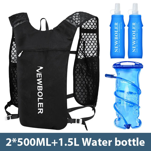 Lightweight hydration vest for running with black mesh design and included blue water bottles by TrevioMart