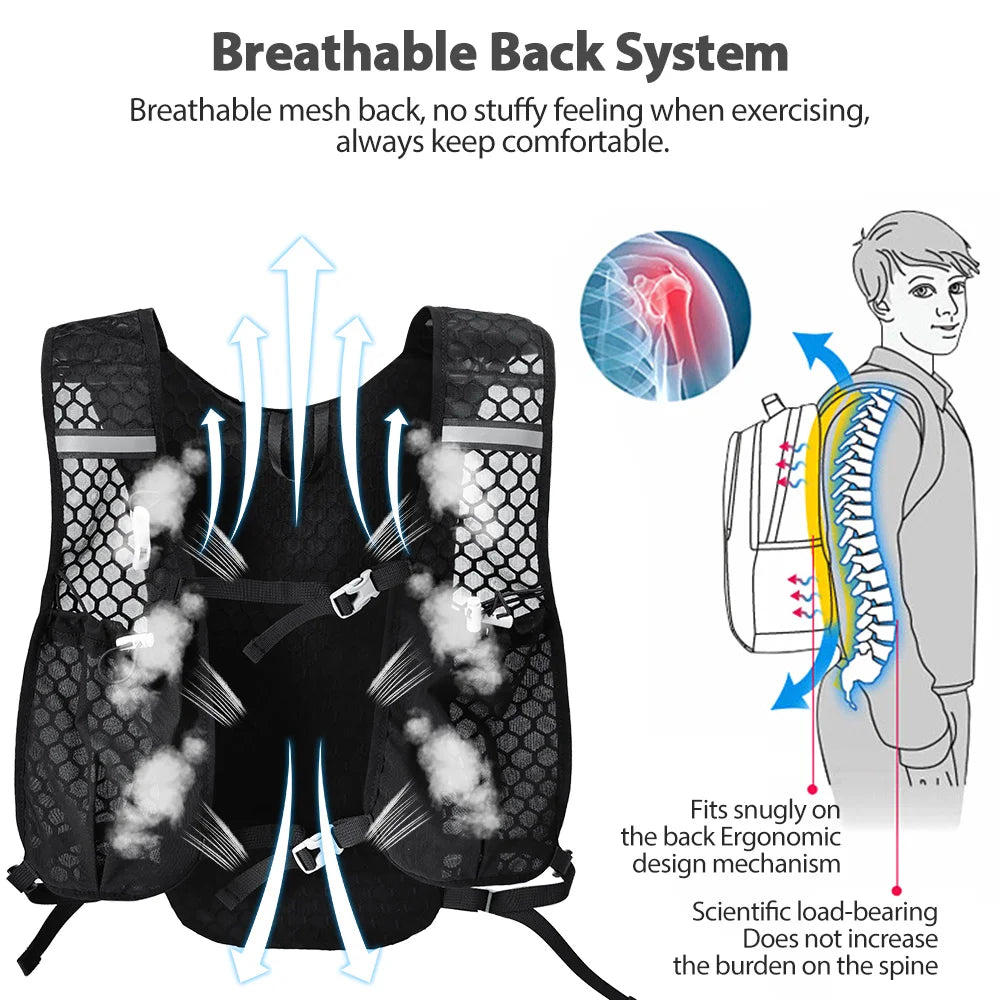 Lightweight hydration vest for running with breathable mesh back and ergonomic design for comfort and spinal support