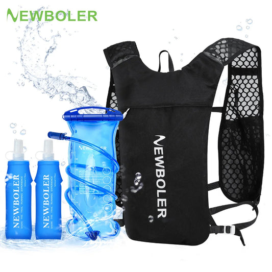Newboler lightweight hydration vest for running with blue water bottles and flexible drinking tube