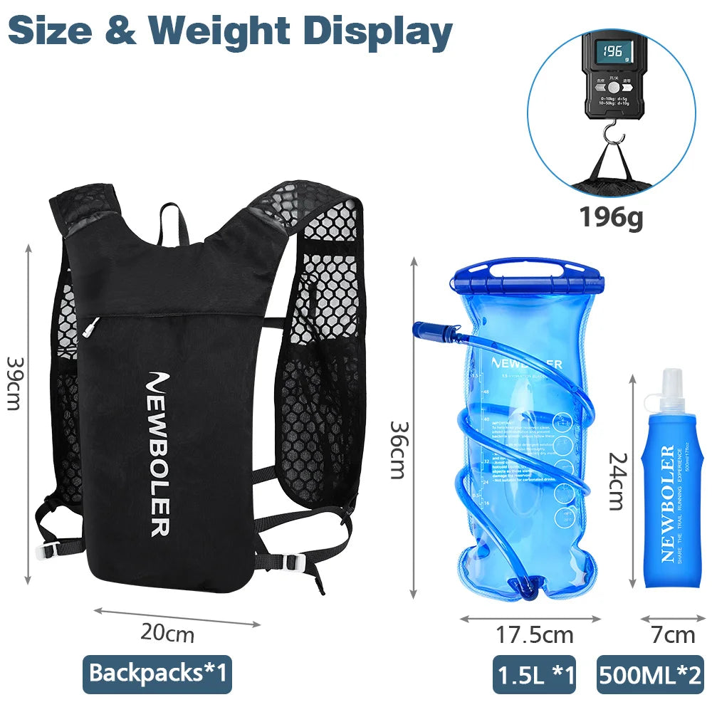 Lightweight hydration vest for running with size and weight display including 1.5L bladder and 500ML water bottle