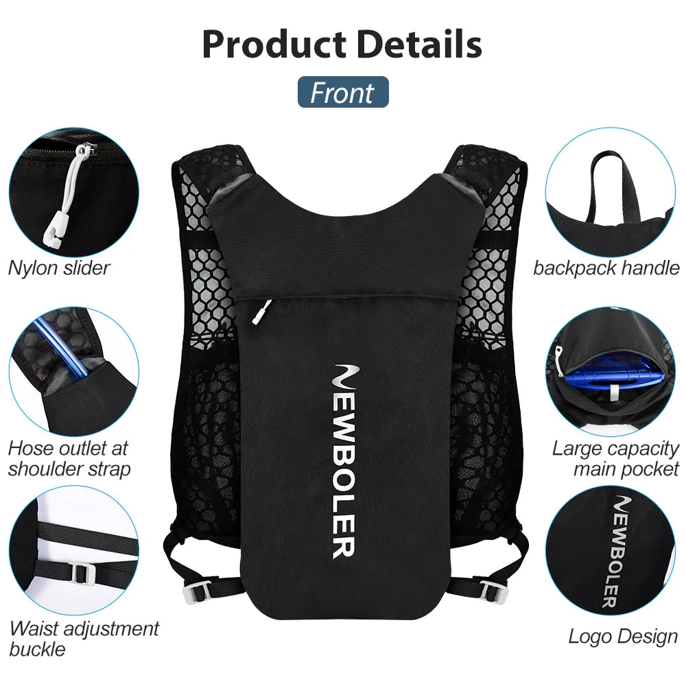 Lightweight hydration vest for running by TrevioMart with nylon slider, hose outlet, adjustable waist buckle, and large pocket