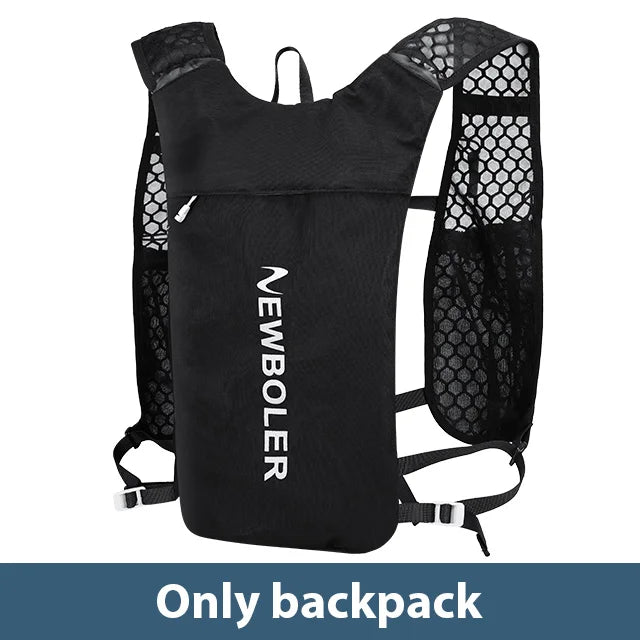 Black lightweight hydration vest for running with breathable mesh and adjustable straps