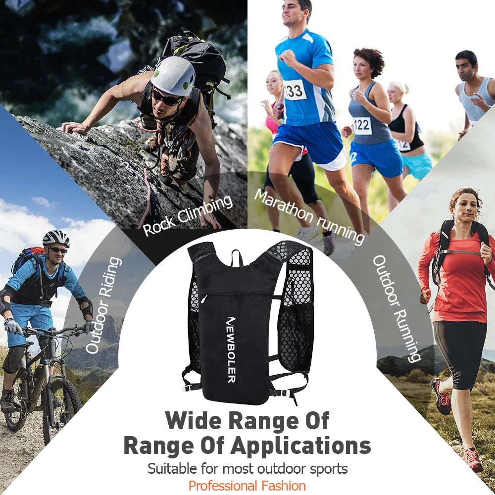 Lightweight hydration vest for running by TrevioMart shown for rock climbing, marathon, outdoor riding, and running